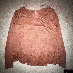 FREE PEOPLE Long-Sleeve Lace Accent Top in Terracotta SMALL